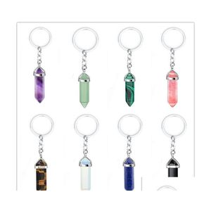 Arts And Crafts Natural Stone Hexagonal Prism Key Rings Keychains Healing Pink Crystal Car Decor Bag Chain Keyholder For Women Men J Dhwqh