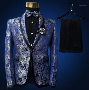 Erkekler Suits Blazers Mavi Dekoratif Desen Erkekler Tasarımlar İnce Resmi Elbise Maskulino Homme Terno Kostümler Şarkıcılar için Blazer Dans Giysileri