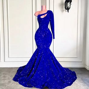Długie błyszczące sukienki wieczorowe jedno ramię w królewskiej niebieskiej cekinach syrena w stylu czarne dziewczyny balu imprezowe sukienki BC14693