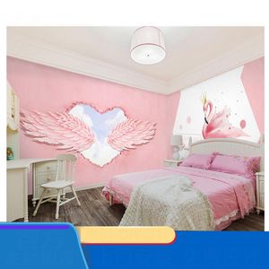 Tapety 3D różowe skrzydła dziewczyna sypialnia zabawka dekoracja tła malarstwo Milk herbata kawa po studyto tapeta