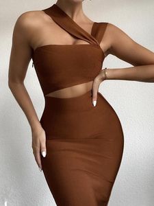 Casual Dresses Women Summer Sexy Hollow Out Brown Midi Kne Length Bodycon Bandage Dress 2023 Designer Elegant Evening Party Vestidocasual