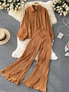 Women's Two Piece Pants Herstory Ladies Suit Summer Heavy Industry Pleated Long-sleeved Shirt Wild Wide-leg Fashion Female 2-piece SetWomen'