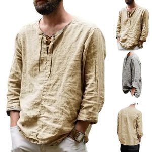 Men's Casual Shirts Loose Men Long Sleeves Solid Color Tops Retro Clothe Linen Bandage Lace Up Cotton Blouse Medieval Clothing 2023Men's