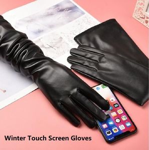 Fem fingrar handskar vinterkvinnor plysch pekskärm långt läder för 2023 svart