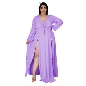 Vestidos casuais 2023 verão feminino de tamanho elegante elegante e de gola longa manga longa e sexy cor de cor sólida fenda completa no atacado