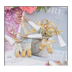 Portachiavi Gioielli Oro Nappa Alfabeto Portachiavi Inglese Lettera Portachiavi Glitter Gradiente Resina Foglia Artigianato Specchio per auto Borsa Charms Dhdxc