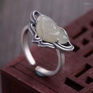 Cluster Rings S Silver Vintage Crafts Style Inlaid Natural Hetian Chalcedony Lotus Women's Opening Adjustable Ring