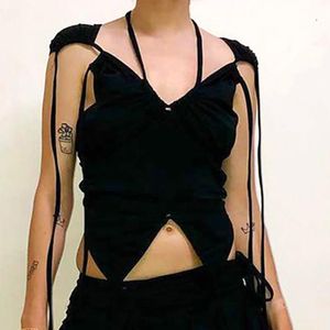 Женские танки Camis Goth Y2K Punk Bangage Women Sexy Tops Cyber ​​Gothing Shinking Bodycon Crop Black Patchwork E-Rigless Tees