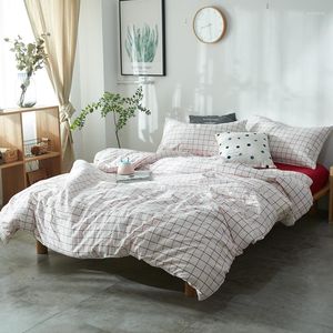 Bedding Sets Fresh Bedroom Set Vintage Style Washed Cotton Fabric White Plaid Duvet Cover 3/4pcs Bed Linen Red Fitted Sheet