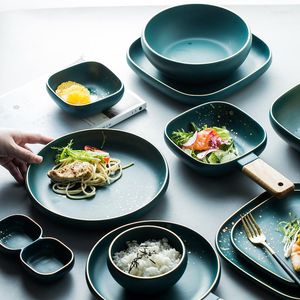 Plates Luxury Retro Green Dinner Set Marble Glazes Ceramic Party Tableware Kitchen Dishes Soup Bowl Cup Dinnerware