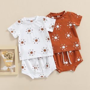 Roupas Conjuntos de roupas 2pcs Toddler Roupa de verão Sun Print O-Gobes Mangas curtas T-shirts Shorts elásticos de cordão para meninas de meninos de 0 a 18 meses