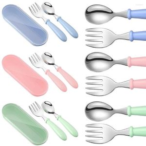 Dinnerware Sets Infant Dining Spoon Fork Reusable Training Toddler Feeding Set School Home Eating Utensils With Carry Case Green