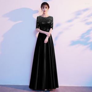 Ethnic Clothing Black Sexy Sequins Sparkly Stylish Cheongsam Bowknot Bling Qipao Hostess Dress Belt Vestidos Gown Evening Party Robe De