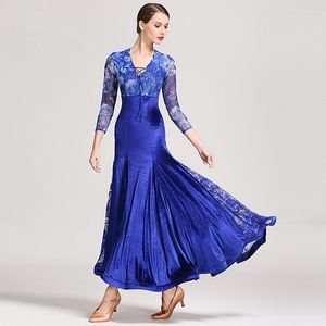Stage Wear Blue Red Lace Velvet Stitching Standard Ballroom Dress Woman Dance Dresses Waltz Modern Costumes
