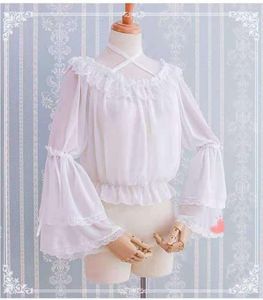 Женские блузки сладкая женская длинная вспышка шифоновая блузка винтаж с плеча Черный белый топ