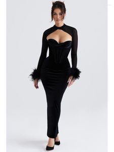 Casual Dresses Bevenccel Sexy Mesh Corset Long Sleeve Feather Maxi Dress Elegant Black Velvet Two Pieces Set Evening Party Club