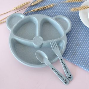 Dinnerware Sets Baby Bowl Spoon Fork Feeding Tableware Set Cartoon Bear Kids Dishes Eating Anti- Wheat Straw Training Plate