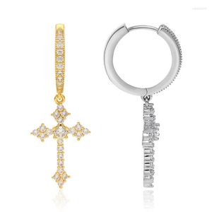 Kolczyki obręcze 18k złoty krzyż hipoalergiczny delikatny cyrkon wiszący Dangle srebrny religia biżuteria dla kobiet mężczyzn