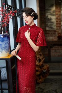 Abbigliamento etnico Stile cinese Sexy Vintage Red Flocking Qipao Long Slim Cheongsam Vestidos Plus Size 4XL