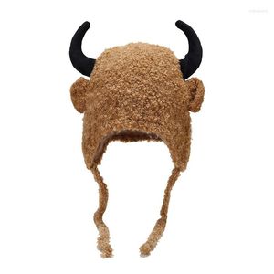 Berets 2023 Winter Thickened Earflaps Cap Women Man Cute Cow Horn Warm Lamb Hair Ear Protection Knitted Hat Thermal Russian Party