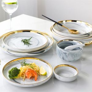 Platten Nordic Keramik Gold Marmor Abendessen Platte Küche Geschirr Gerichte Suppe Reis Salat Nudeln Schüssel Haushalt Steak Dessert