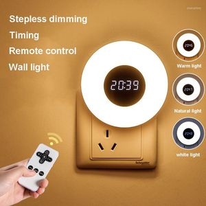 벽 램프 리모컨 LED 야간 조명 3 컬러 타임 시계 램프 스티 플레스 디밍 침실 베이비 먹이 어린이