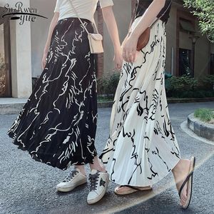 Skirts Fashion Irregular Striped Print Chiffon Women Pleated Skirt Female 2023 Summer High Waist Ankle-length Long 10009