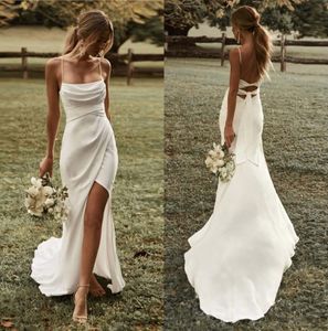 Simple Sexy Mermaid Boho Wedding Dresses High Slit Spaghetti Straps Bridal Dress Backless Bohemian Bride Gowns Vestidos De Noiva