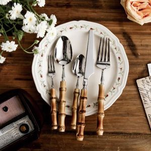 Dinnerware Sets Creative Bamboo Small Waist Steak Dinner Knives Forks Spoon 304 Stainless Steel Cutlery Set Tableware