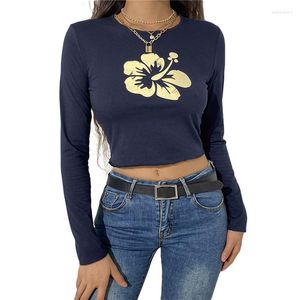 Women's Blouses Women Teen Girl Y2k Long Sleeve Cropped Tops Blouse Harajuku Graphic Print Flower Round Neck T-Shirt Autumn Basic Tee