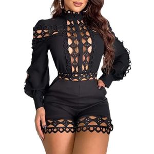 Women's Jumpsuits & Rompers LADY Lattice Hollow Out Playsuits 2023 Summer Women Long Sleeve Stand Neck Bodycon Club Party Elegant JumpsuitsW