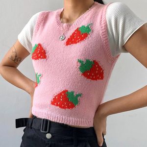 Kvinnors tröjor Autumn Style Fresh Strawberry Embroidered Slim Slimming Ultra-kort navelull Stickad Vest Slingwomen's