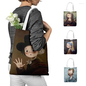 Sacos de armazenamento bolsa de compras dobrável para revisão de revisão Pintura a óleo pintura de tela impressa Cartoon ombro engraçado bolsa engraçada