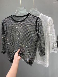 Camisetas femininas Mesh Diamond Crystal Coat Ultra Fairy por dentro Take Party Bling Hollow Out Hollow-out Redução superior e camisa brilhante