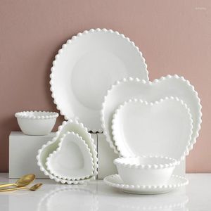 Płytki czyste białe serce w kształcie perłowej stek zupa zupa zupa obiadowa płyta ceramiczna naczynia stołowe Zestaw Porcelany