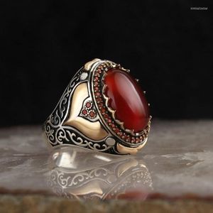 Anéis de casamento clássico vintage oval de zircão vermelho para homens punk metal dois padrões antigos jóias de anel artesanal