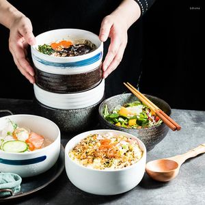 Kaseler Japon seramik kase şehriye pirinç ramen tatlısı ev çubukları kaşık ve kapak ile set 6 inç büyük 900ml