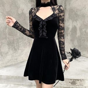 Casual Dresses 2023 Sexy Lace Patchwork Long Sleeve Club Mini Dress A-line Y2k Front Hollow Out Neck Vintage Party Punk Gothic