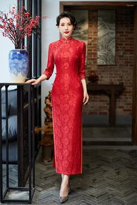 Etnik Giyim Çin Geleneksel Seksi Yüksek Bölünmüş Cheongsam Kadın Parti Elbise Vintage Mandarin Yakası kırmızı dantel qipao vestidos