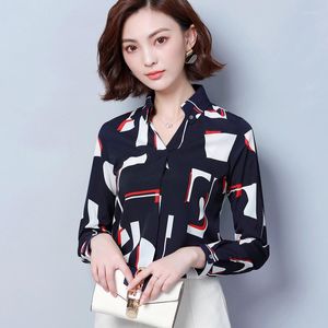 Kvinnors blusar Spring Fashion Elegant Soft Chiffon Shirt 2023 Design Korea Style V-ringning Långärmad Gepmetric Print Blue