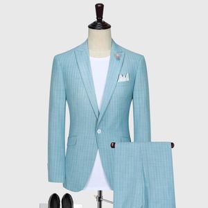 Men's Suits & Blazers Men Summer Set Casual Slim Wedding Groom Light Blue Khaki Stripe Blazer Pant Sets Singe Button Plus Fashion Daily Wear
