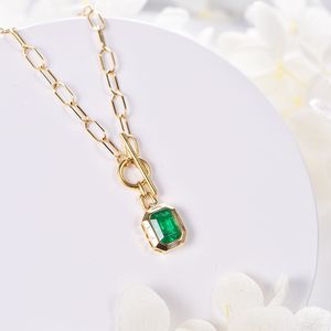 Necklace European and American style women square emerald pendant yellow gold plated necklace zircon green crystal collar chain party jewelry mother birthday gift