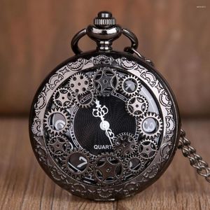 Orologi da taschino antico vintage vuoto nero ingranaggi orologio al quarzo collana ciondolo orologio catena uomo donna