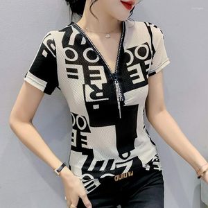 Camisa feminina camisa de verão camisa de manga curta Mulheres com decote em V zíper sexy de camiseta skinny letras femininas elásticas malha de malha de streetwear