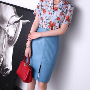 Skirts Real Genuine Leather Skirt High Waisted Women Korean Bodycon Office Lady Party Sexy Sheepskin Clothes Coffee Red Midi