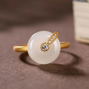 Cluster Rings Natural Hetian White Jade Adjustable Ring Chinese Style Retro Classic Elegant Light Luxury Women's Winter Festival Gift