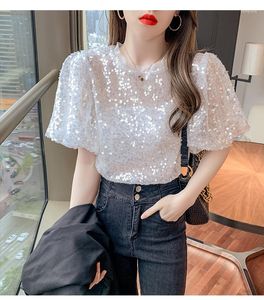 Women's T Shirts 2023 Fashion Design Women's S T-shirts O-neck Puff Short Sleeve Paillette Sequined Shinny Bling Tees SMLXL