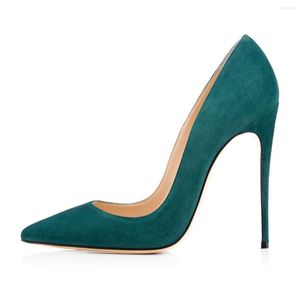 Dress Shoes Ink Green Faux Suede Leather Pumps Poined Toe Stiletto Heel Slip-On Banquet Woman Solid Thin Heels Party High