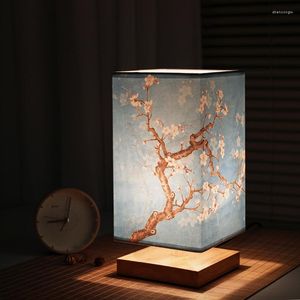 Table Lamps LED Square Lamp Simple Chinese Style Dimmable EU Plug Night Light Fabric Lampshade Bedroom Bedside Decoration