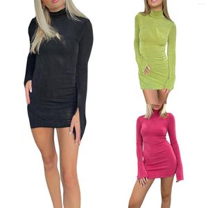 Casual Dresses Women Dress Long Sleeve High Neck Solid Color Party Club Street Wrapped Split S-M-L